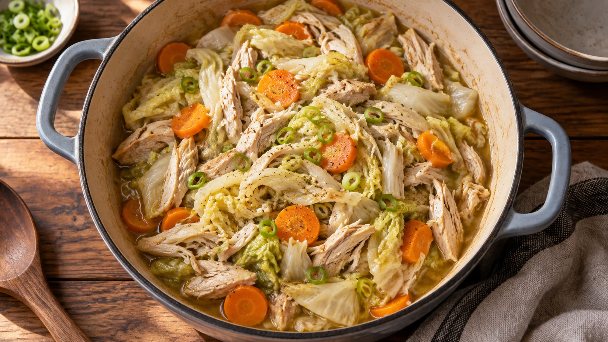 Shredded chicken and Napa cabbage in broth made from the ingredients' own juices.