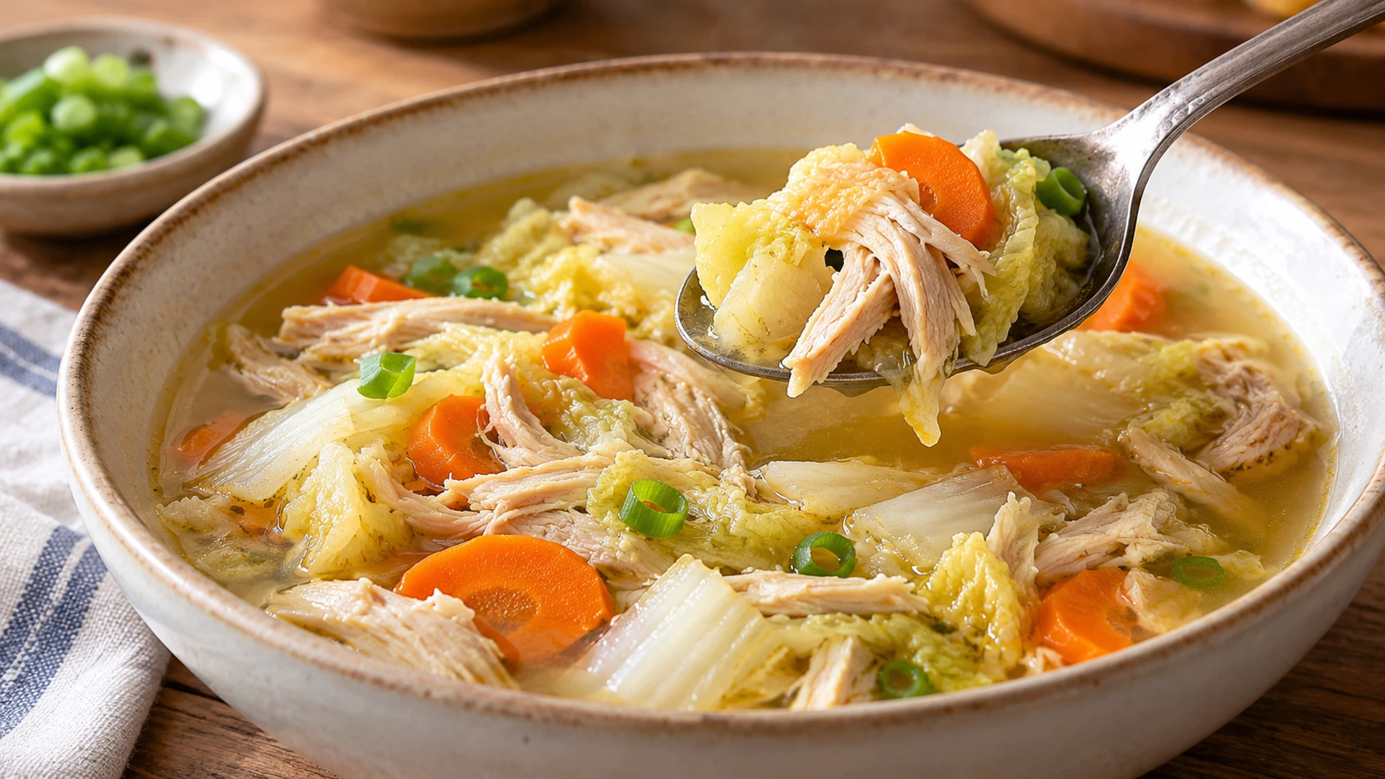 Spoon lifting chicken, softened cabbage and carrot from waterless soup.
