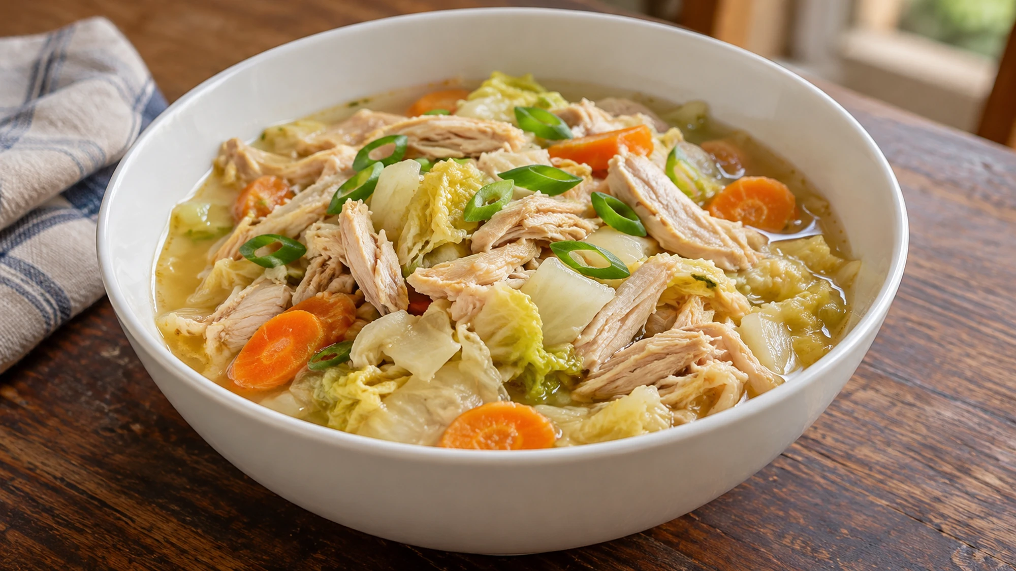 Waterless chicken and cabbage soup in a white bowl with sliced scallions.