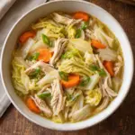 Overhead bowl of waterless chicken and cabbage soup with shredded meat, cabbage and carrots.