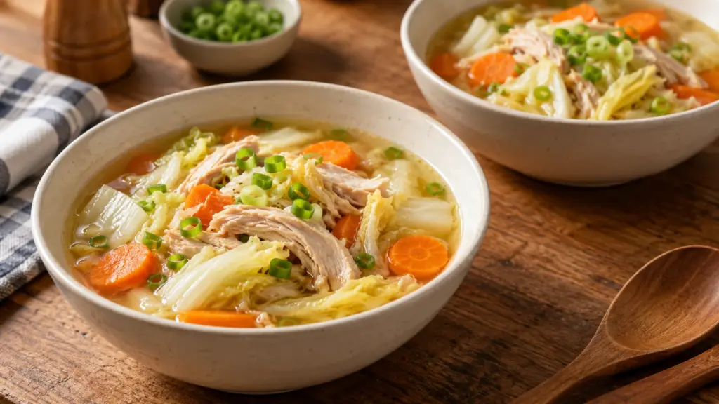 Bowls of waterless chicken and Napa cabbage soup with shredded chicken, carrots and natural broth.
