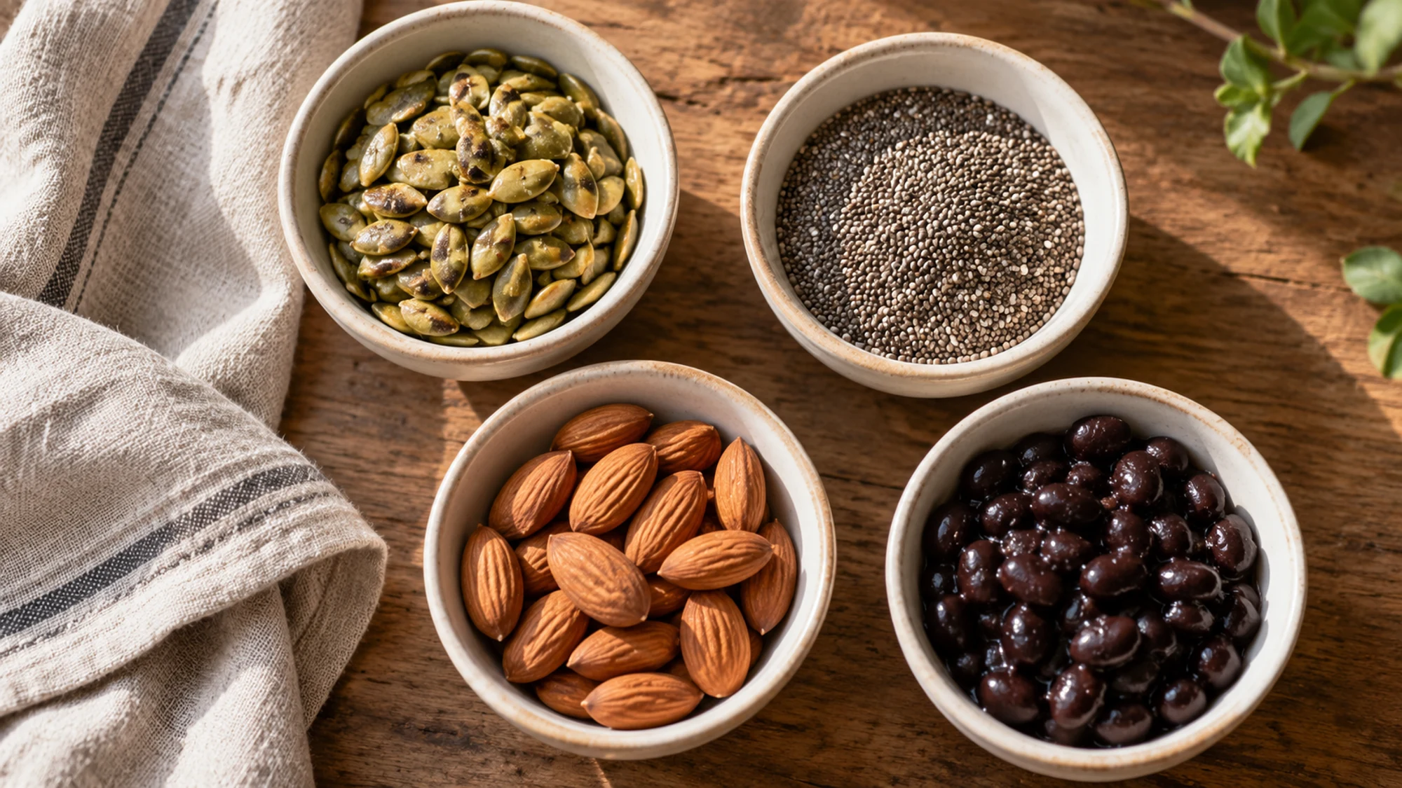 Pumpkin seeds, chia seeds, almonds and cooked black beans in separate bowls
