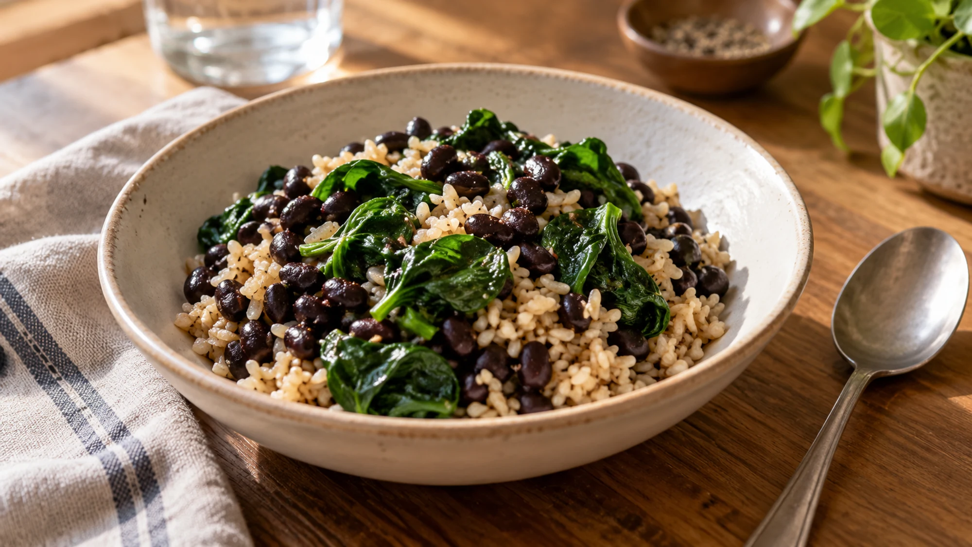 Cooked brown rice with black beans and wilted spinach in a shallow bowl