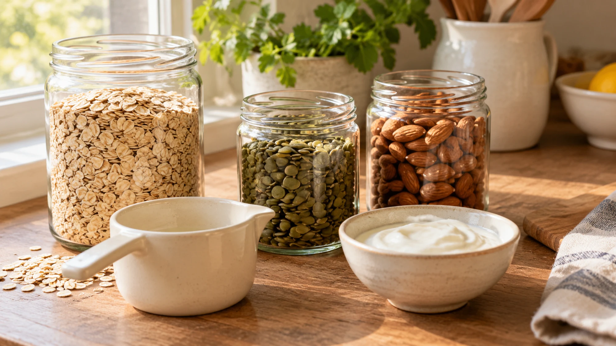 Glass jars of oats, pumpkin seeds and almonds beside plain yogurt