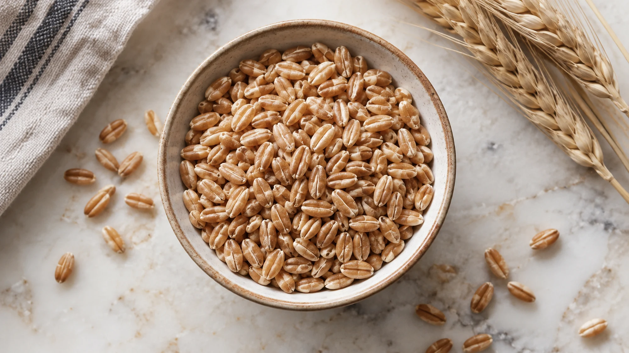 Dry golden brown farro kernels in a shallow bowl with wheat stalks nearby.