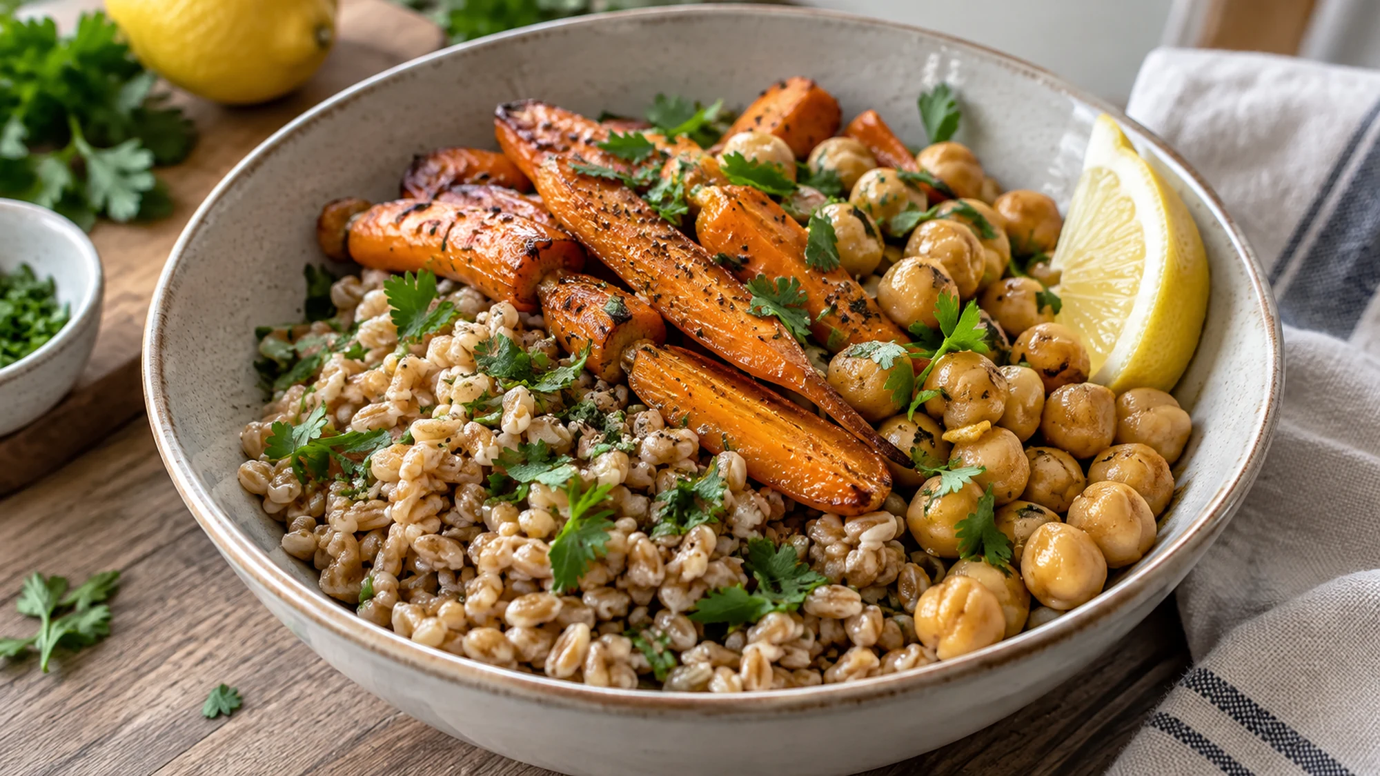 Farro with roasted carrots, chickpeas, parsley and a lemon wedge.
