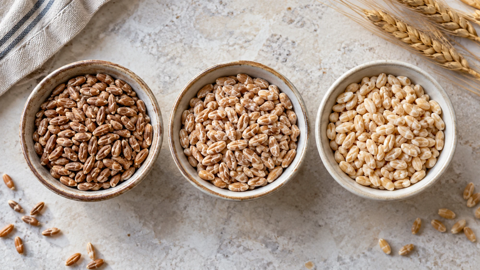 Three dishes of farro kernels showing darker bran and progressively paler pearled surfaces.