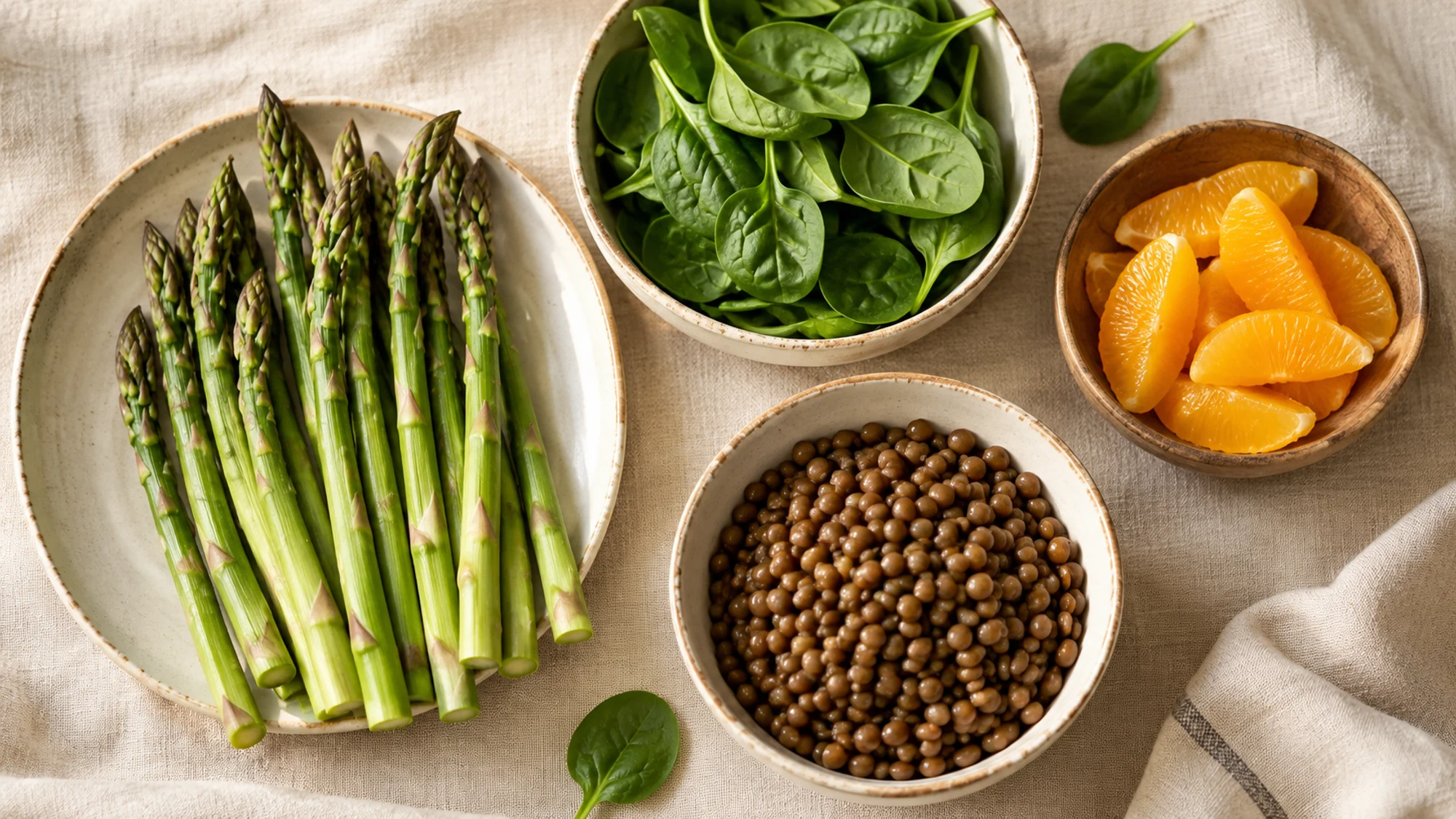 Asparagus, spinach, orange segments and lentils arranged separately on linen