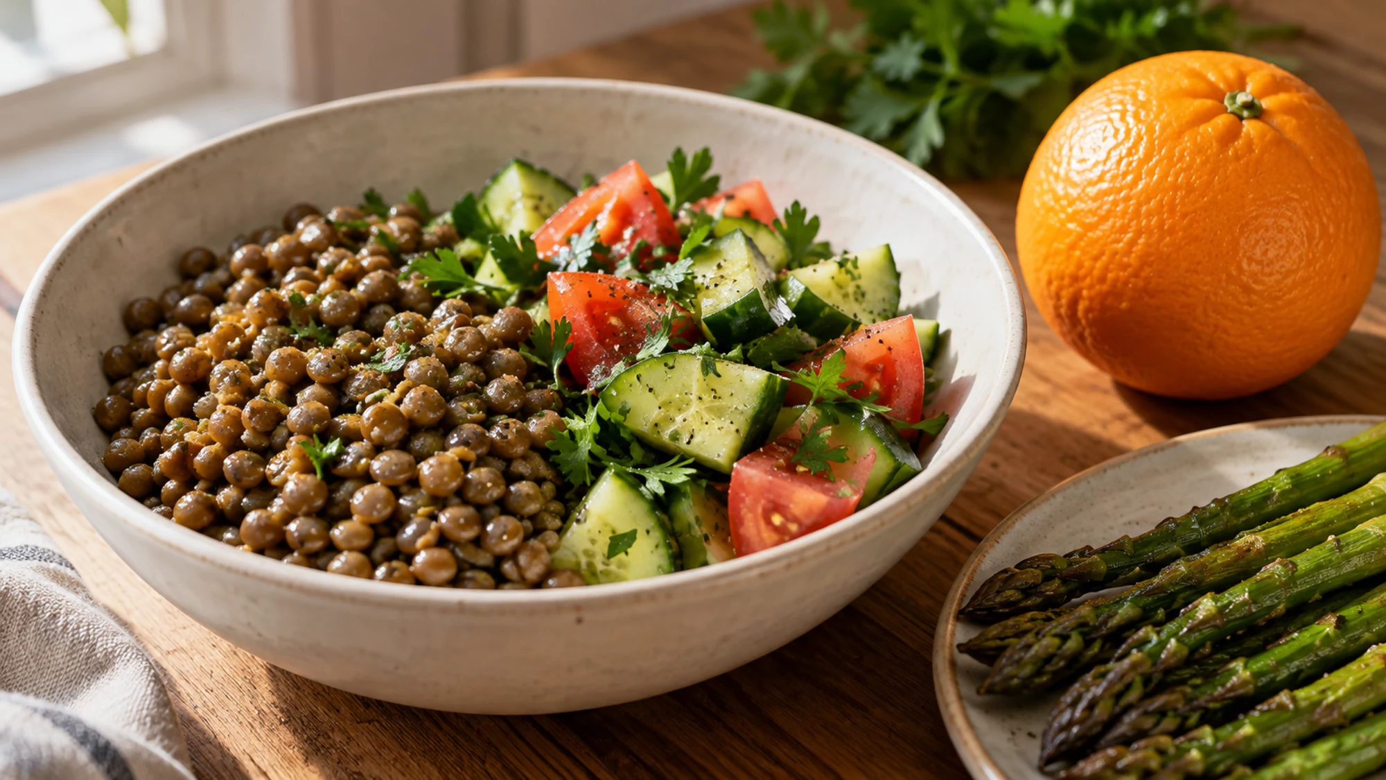 Cooked lentils with cucumber, tomato and parsley beside asparagus and an orange