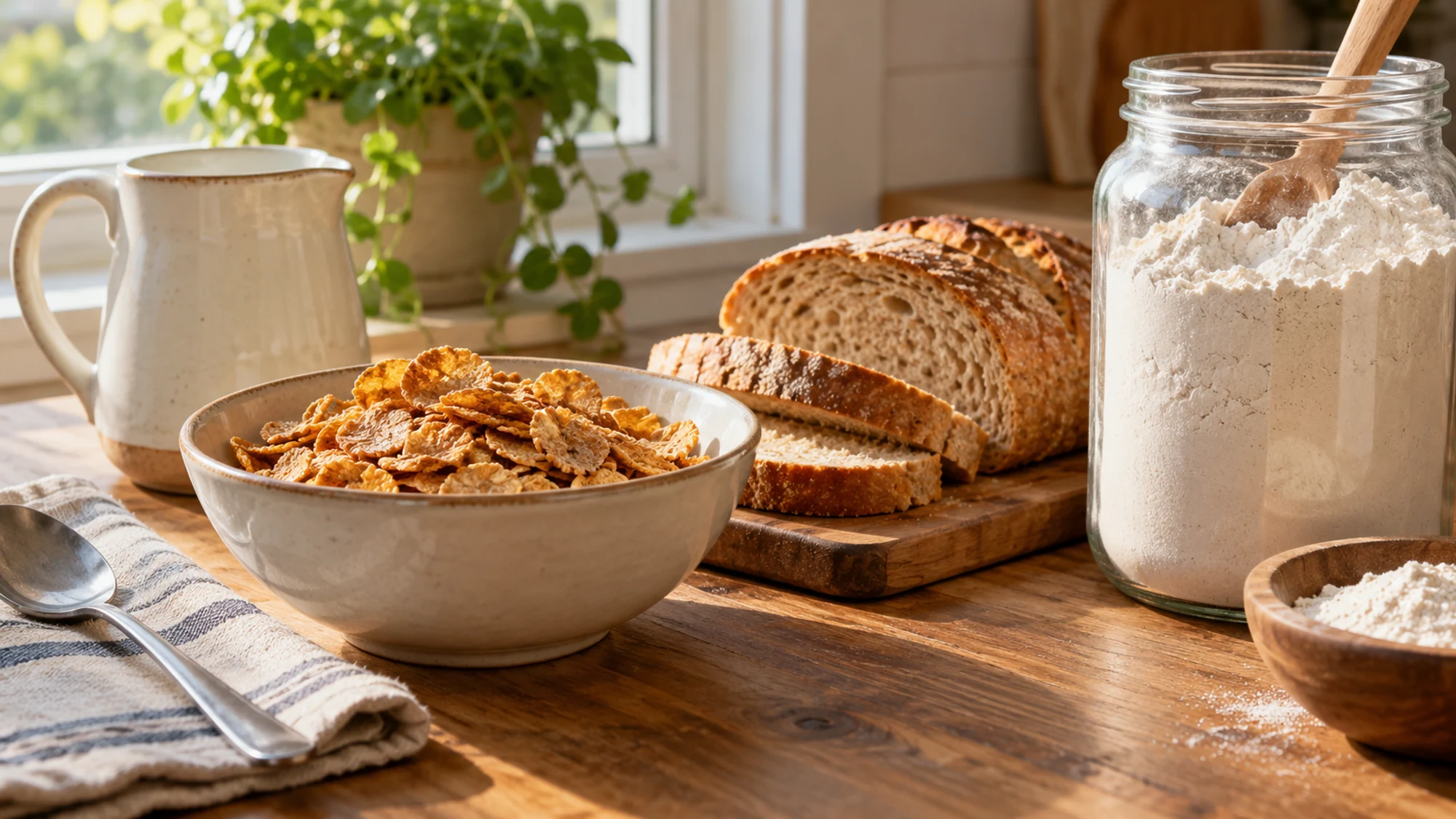 Breakfast cereal, sliced bread and flour in an unmarked jar