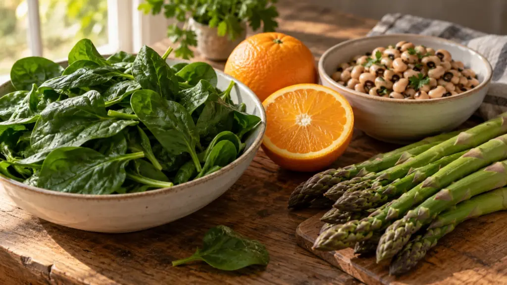 Spinach, asparagus, orange and black-eyed peas illustrating folate food sources
