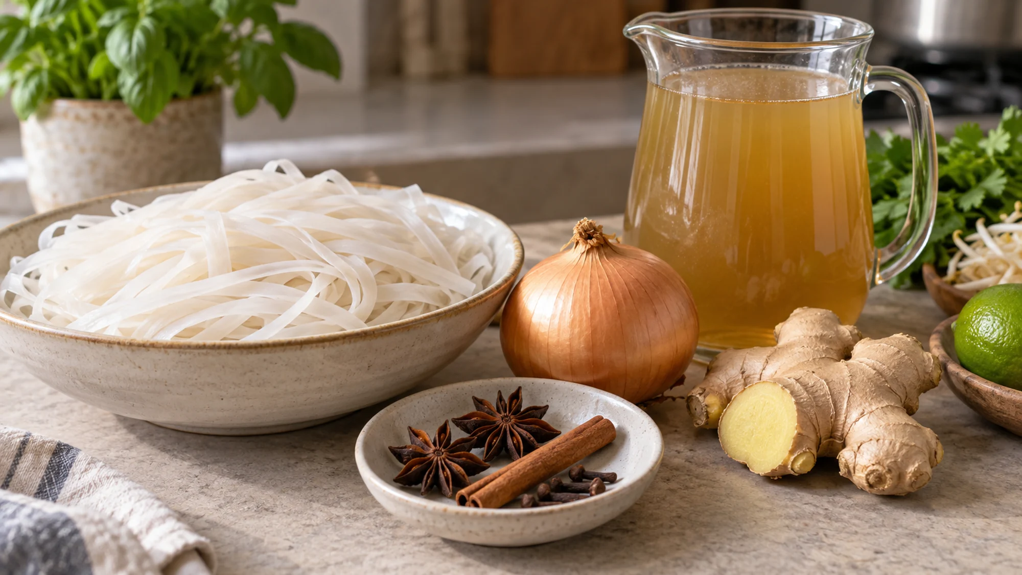 Flat rice noodles beside broth, ginger, onion and whole spices
