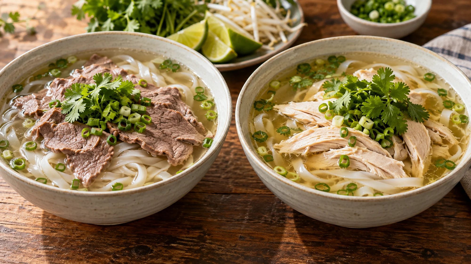 Beef pho and chicken pho served in separate bowls