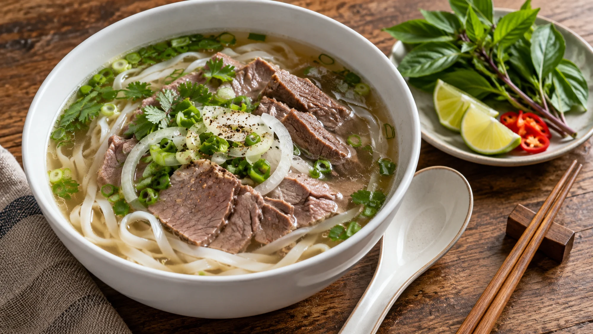 Bowl of beef pho beside basil, lime and sliced chili