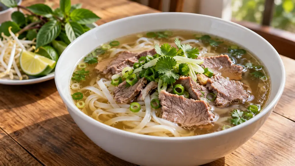 Vietnamese beef pho with flat rice noodles, clear broth and herbs