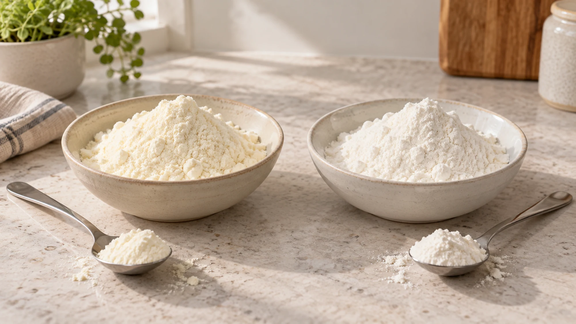 Pale whey powders in separate ceramic bowls with spoonfuls alongside