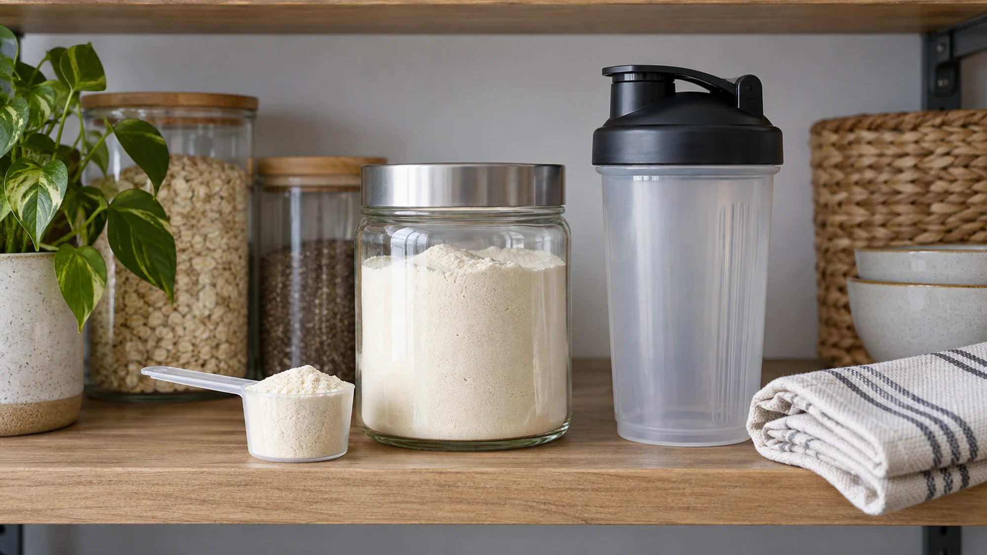 Closed powder jar, dry scoop and shaker bottle on a pantry shelf