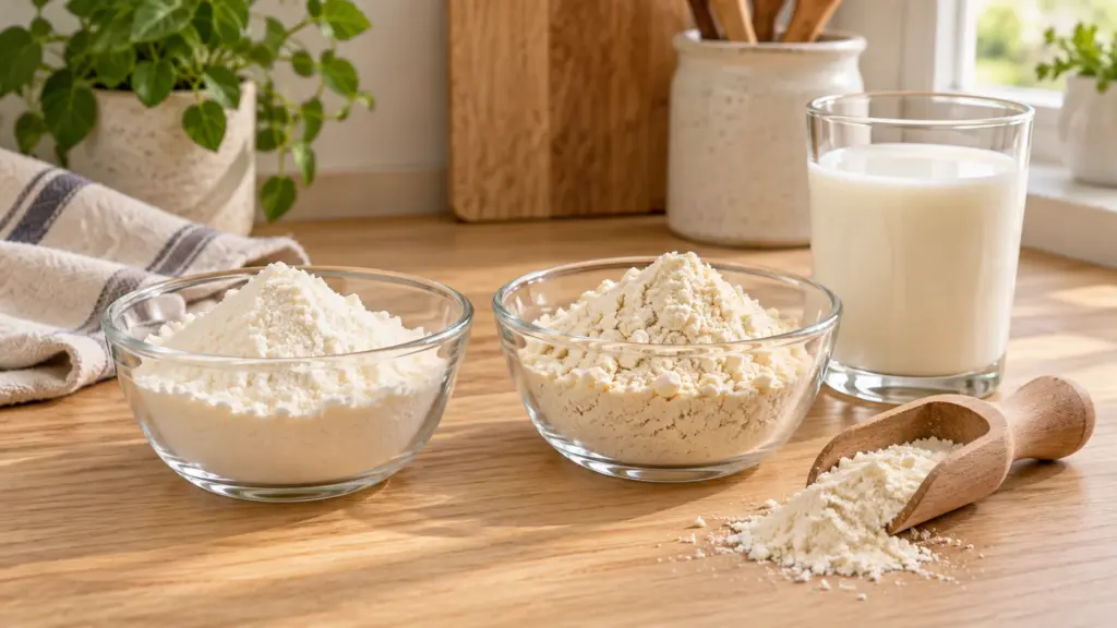 Two bowls of whey powder with a scoop and a glass of milk