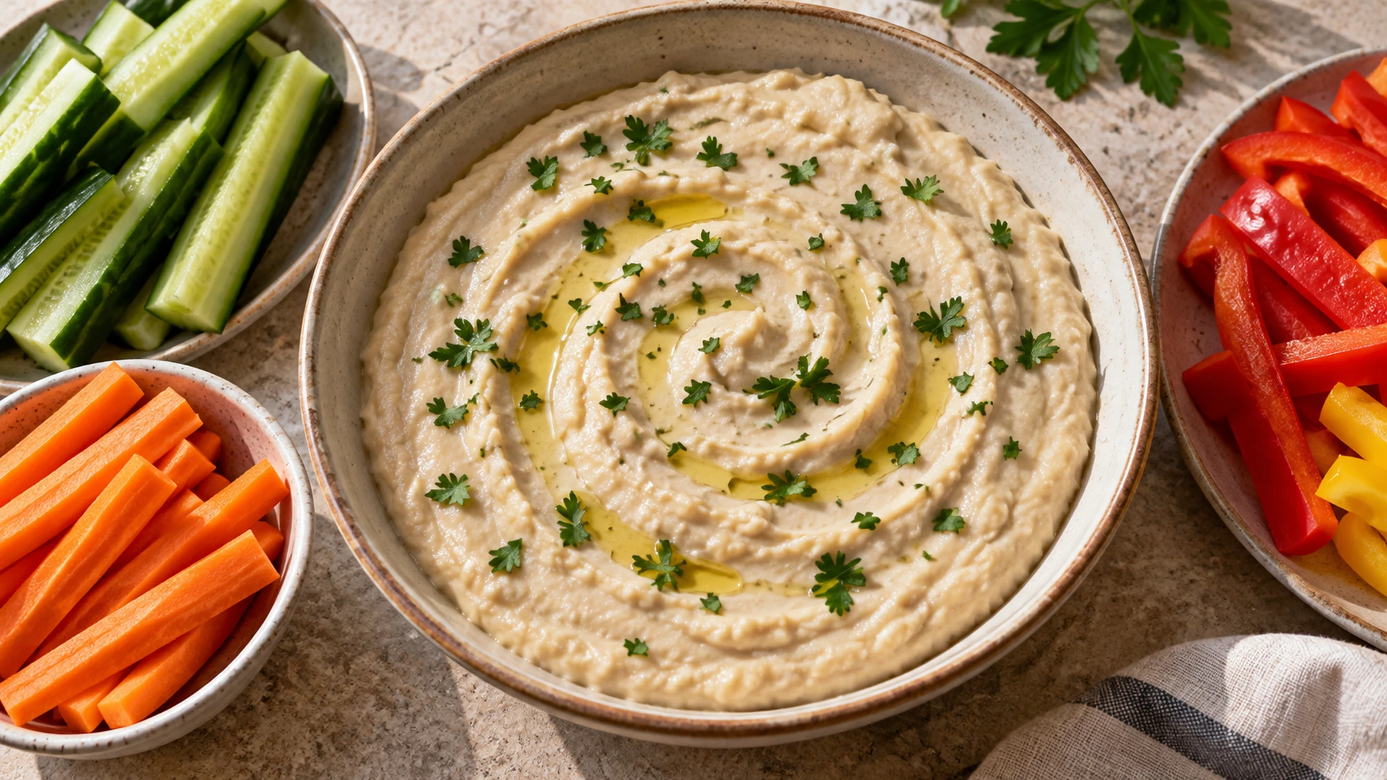 Overhead bowl of smooth white bean dip with parsley beside cucumber and carrot sticks.