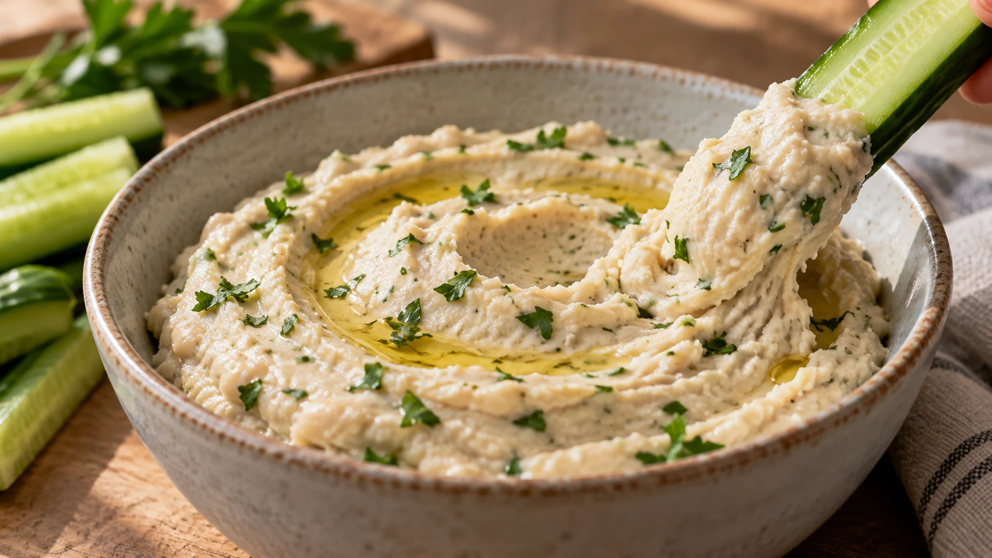 Vegetable stick scooping thick creamy white bean dip with lemon and parsley.