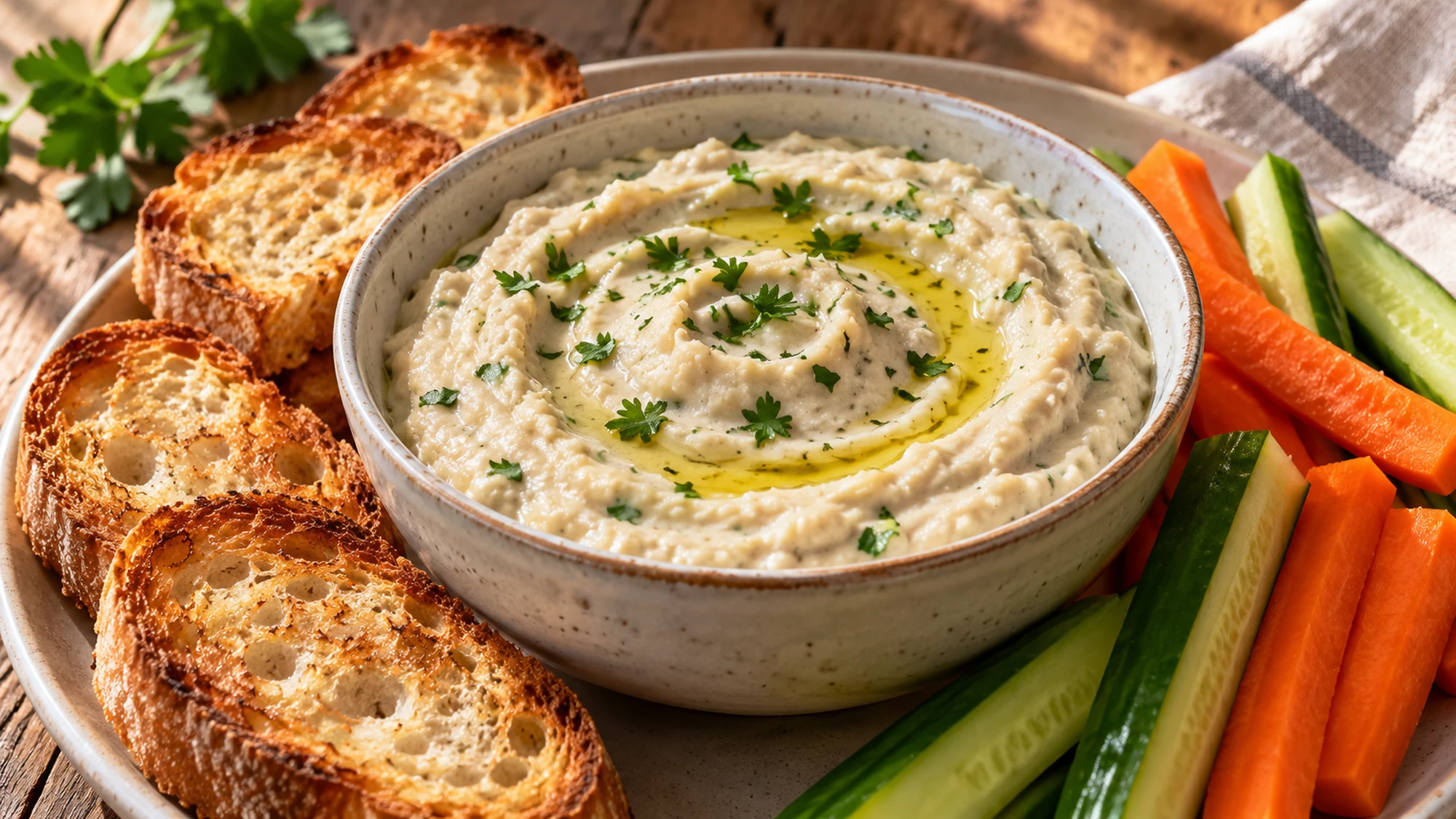 White bean dip in a small bowl beside toasted baguette slices and vegetables.
