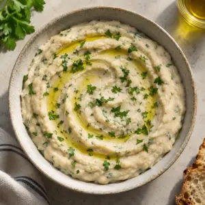 Square overhead bowl of creamy white bean dip with parsley and a measured olive oil swirl.