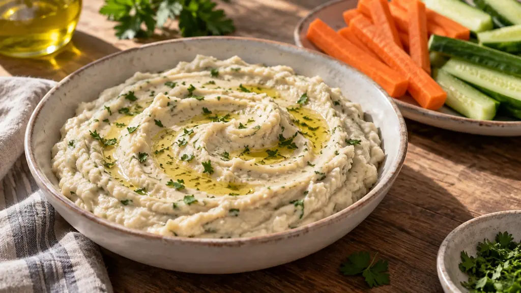 Creamy lemon white bean dip with finely chopped parsley and olive oil in a shallow bowl.