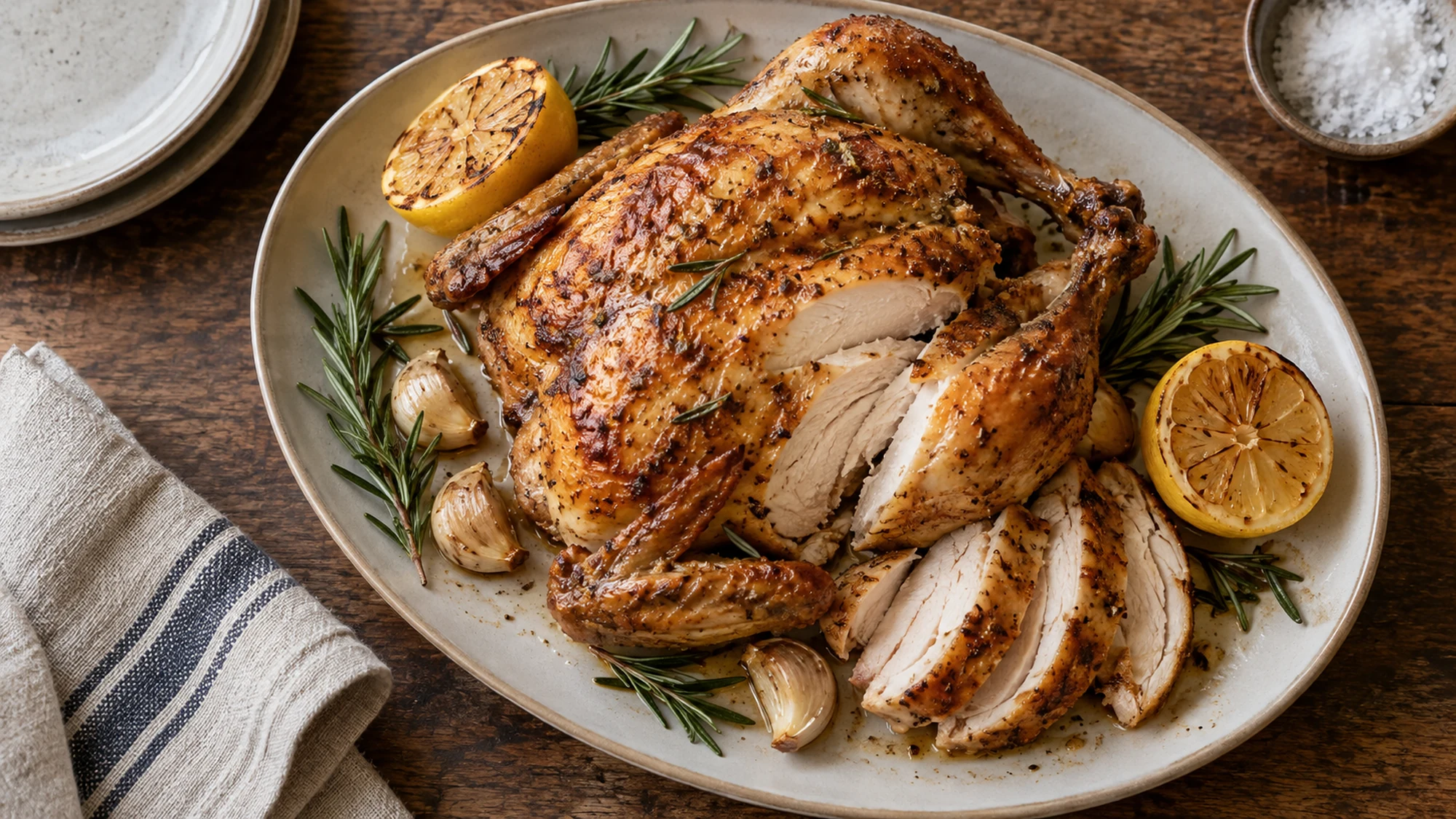 Whole roasted chicken arranged on a platter with lemon and rosemary