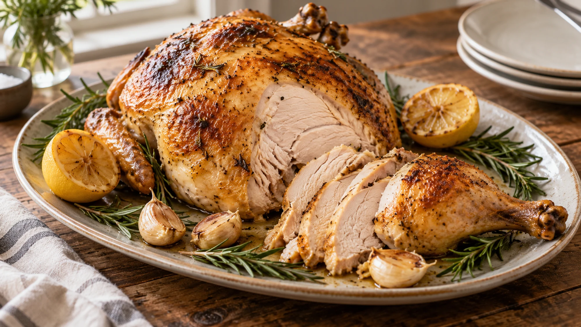 Carved roast chicken breast and leg showing the cooked interior