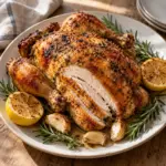 Square close view of golden lemon-rosemary whole roast chicken