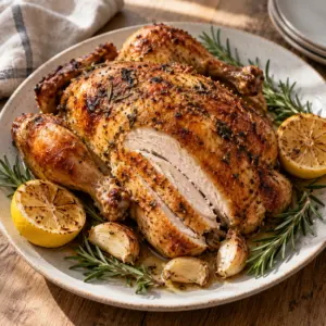 Square close view of golden lemon-rosemary whole roast chicken