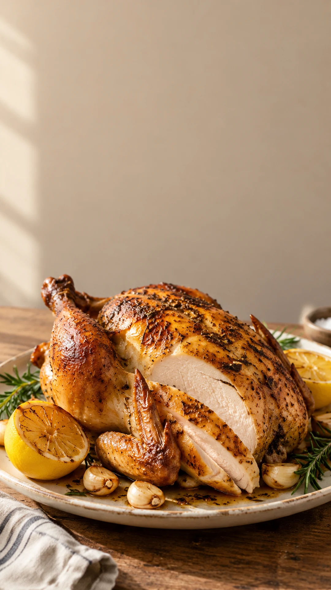 Finished golden whole roast chicken for the story opening