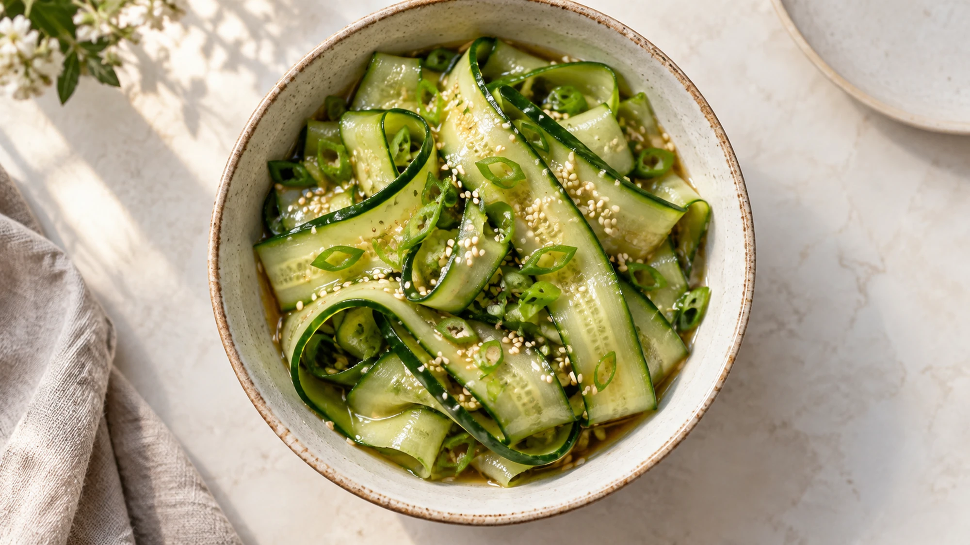 Overhead bowl of whole cucumber salad made from one cucumber cut into ribbons.
