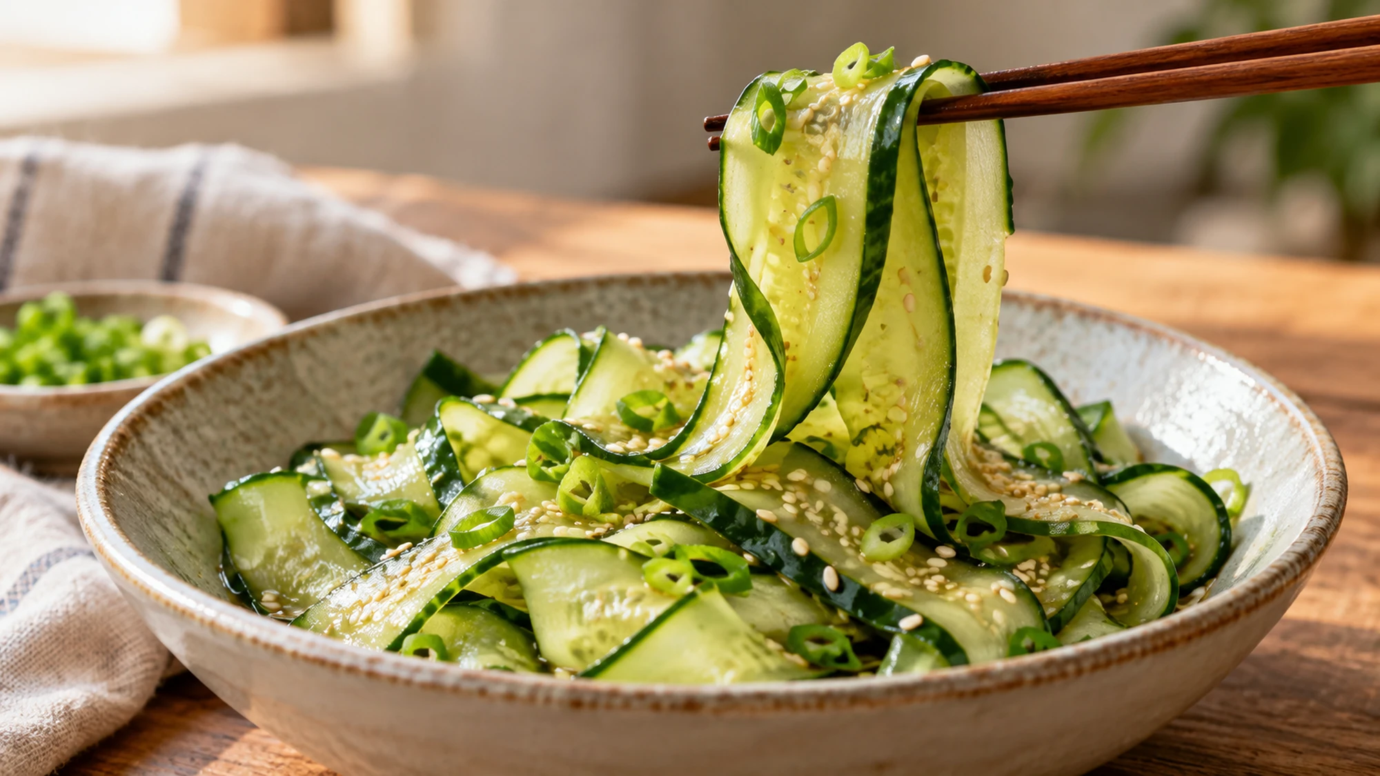 Fork lifting crisp cucumber ribbons coated in a light sesame soy dressing.