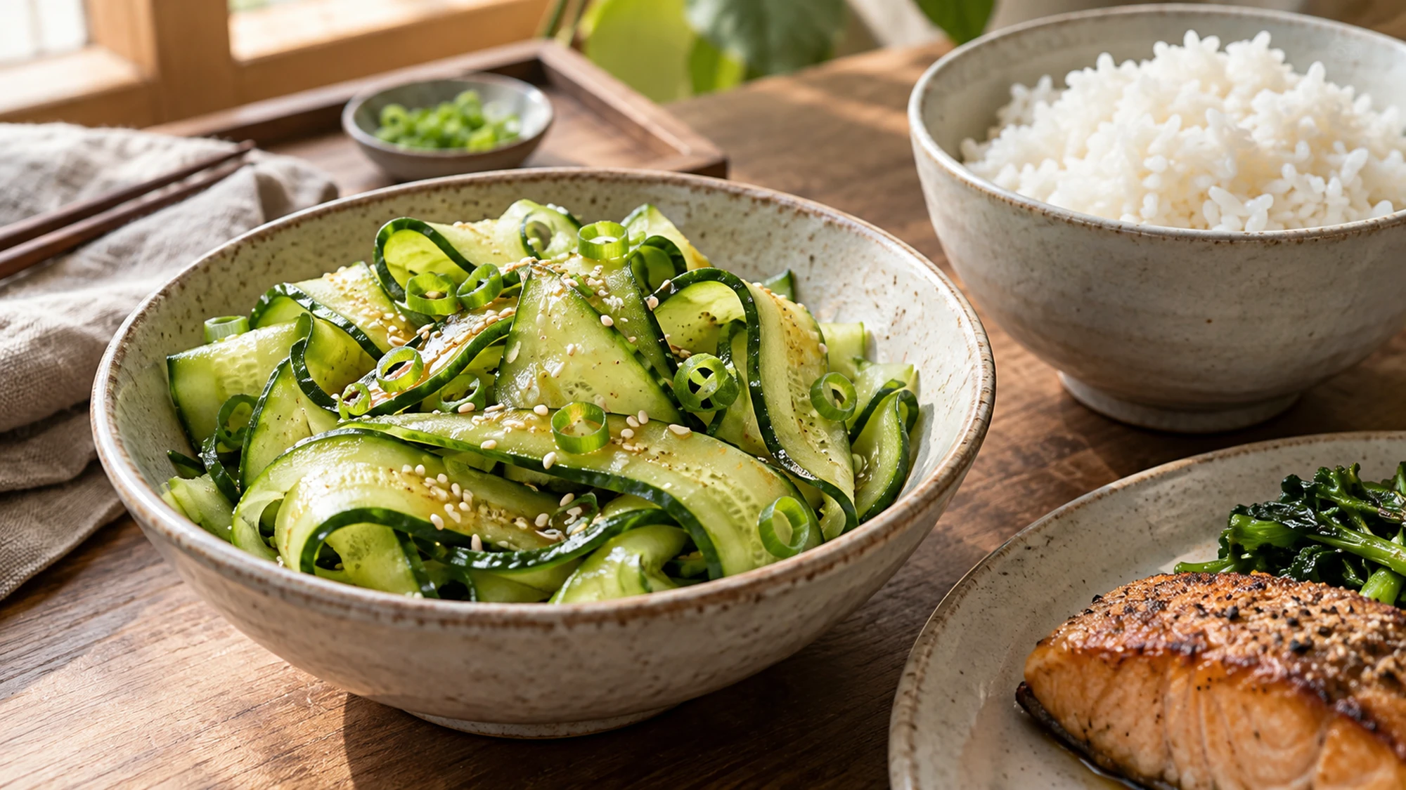 Whole cucumber ribbon salad in a small bowl beside a Japanese-inspired meal.