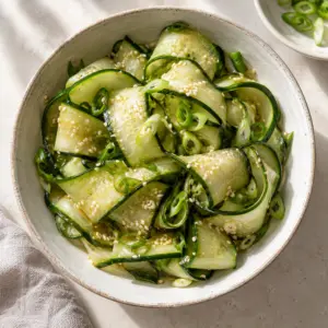 Square overhead view of cucumber ribbons with sesame seeds and scallions in a white bowl.