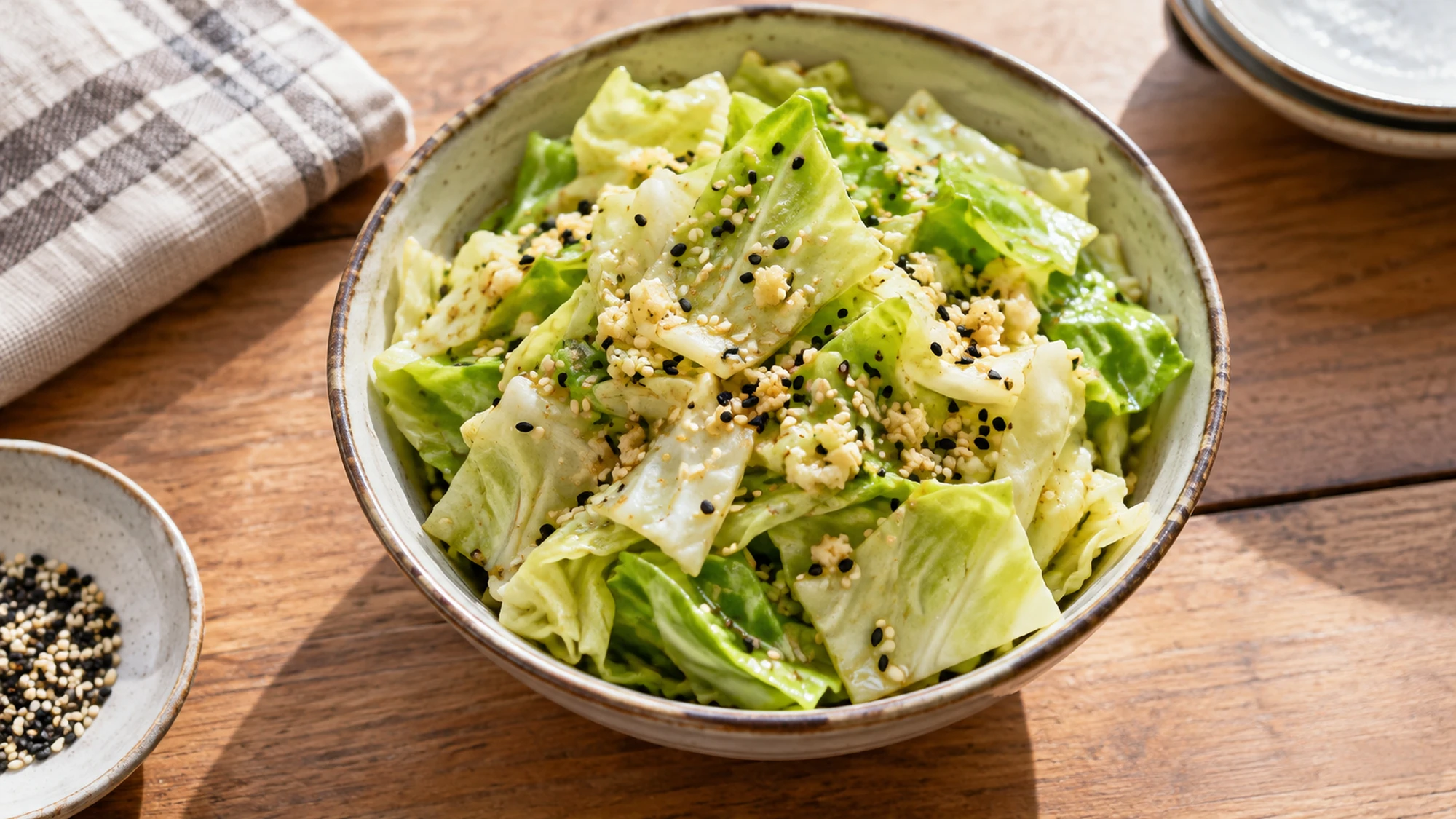 Overhead view of Japanese yamitsuki cabbage in a small bowl, with sesame seeds and glossy garlic sesame dressing.