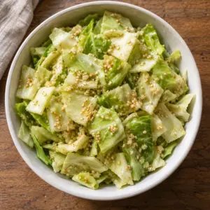 Square overhead close-up of crunchy green cabbage with garlic and sesame seeds in a ceramic bowl.