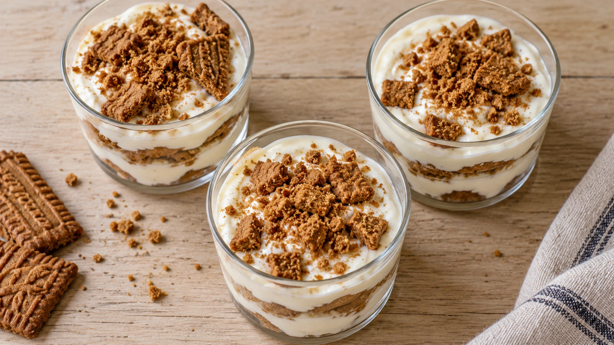 Overhead view of three yogurt biscuit cups topped with cookie crumbs.