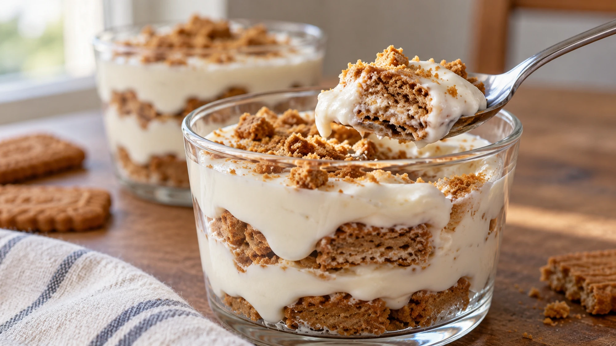 A spoonful of softened biscuit and Greek yogurt lifted from a dessert cup.