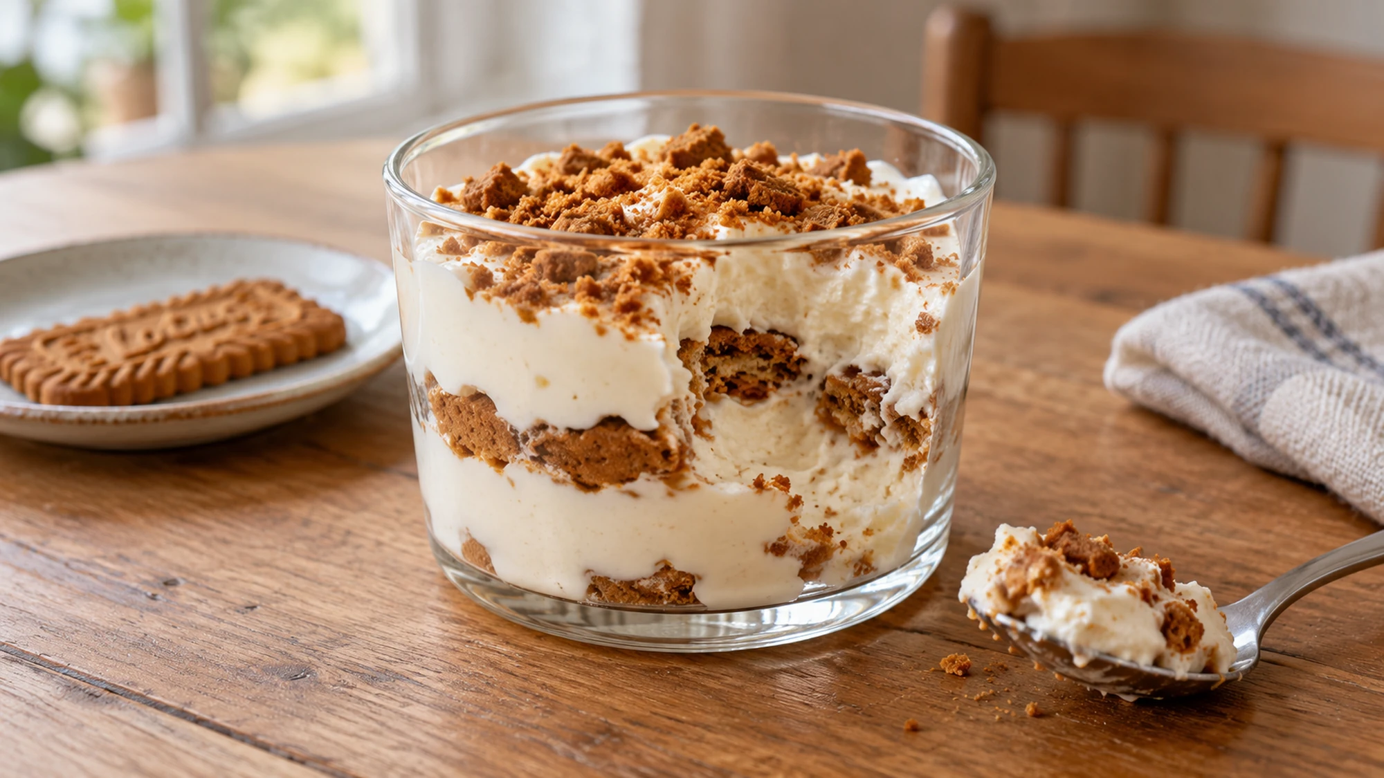 A yogurt biscuit cup with a spoonful removed to reveal its soft cookie layers.