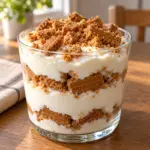 A glass cup of thick Greek yogurt layered with caramel-brown biscuits.