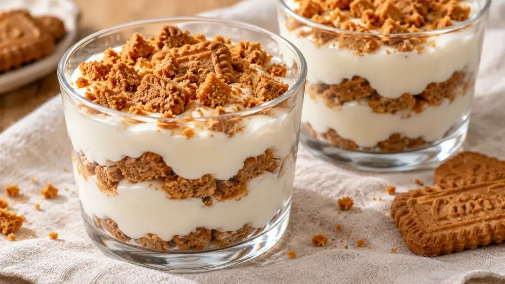 Two glass yogurt biscuit cups with creamy layers and speculoos cookie crumble.