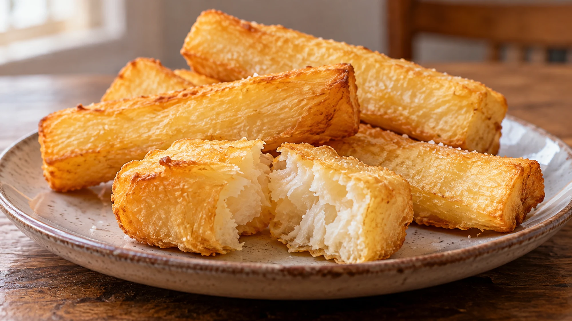 Close plate of crisp yuca wedges with pale fluffy interiors
