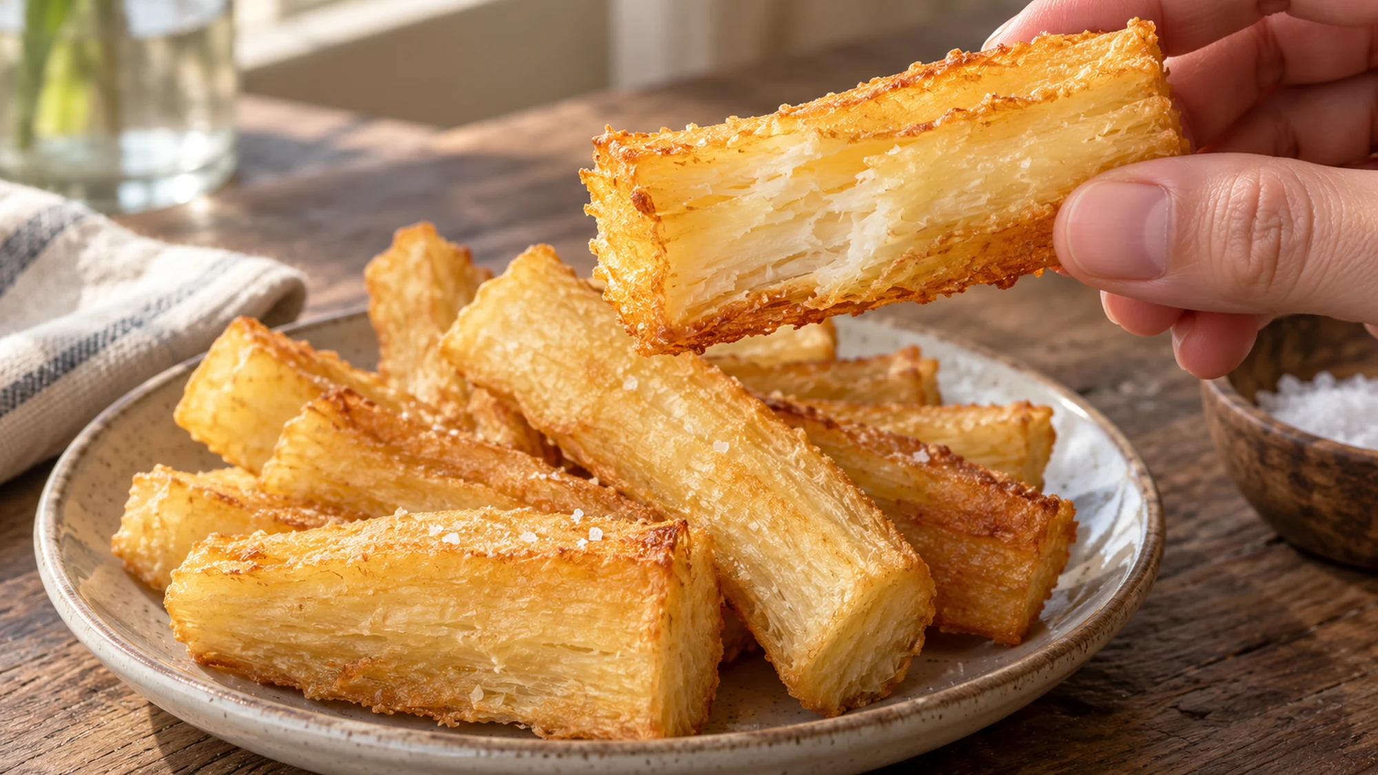Hand holding a golden yuca fry above a plate of thick cassava wedges