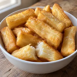 Square image of freshly fried yuca wedges with crisp edges and soft centers