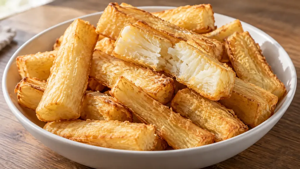 Golden yuca fries in a shallow white bowl with a broken wedge showing the tender white center