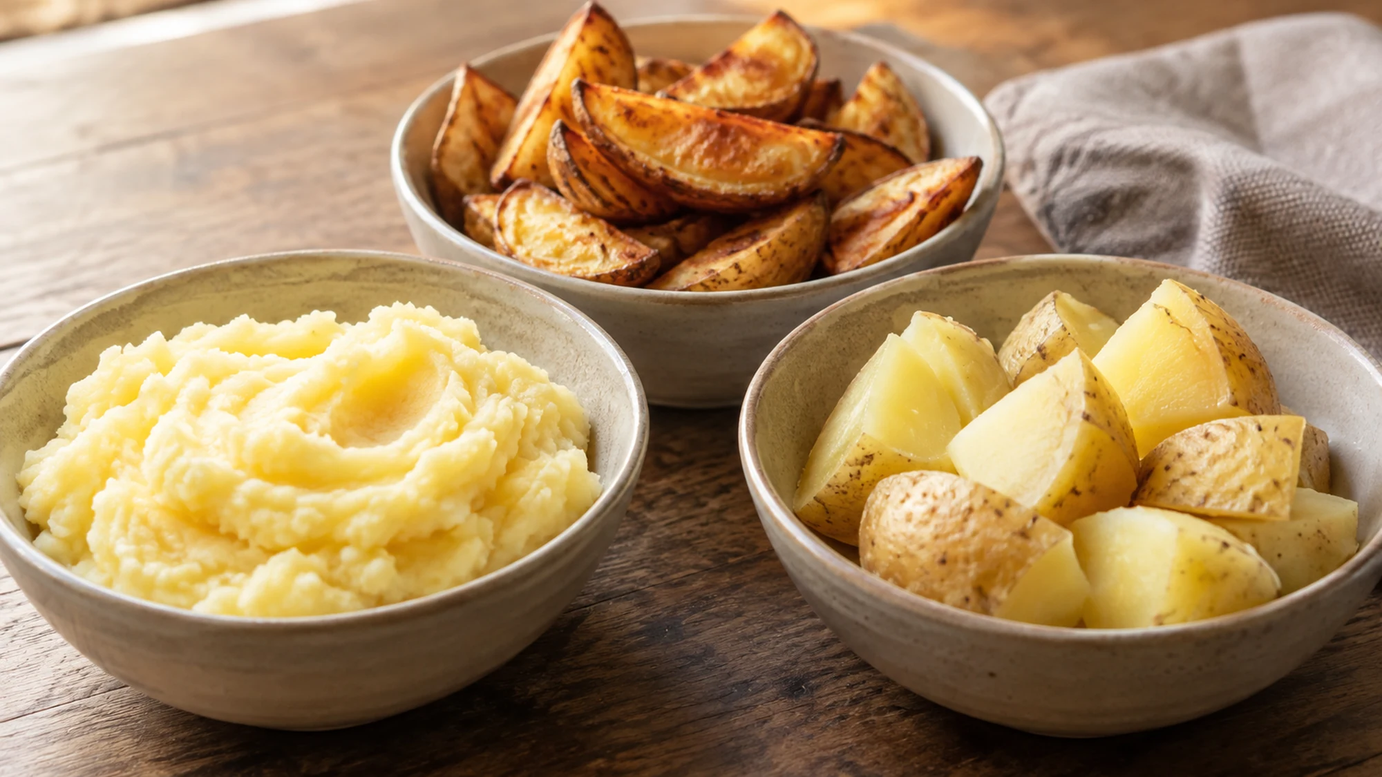 Bowls of mashed, roasted and boiled yellow potatoes showing different textures