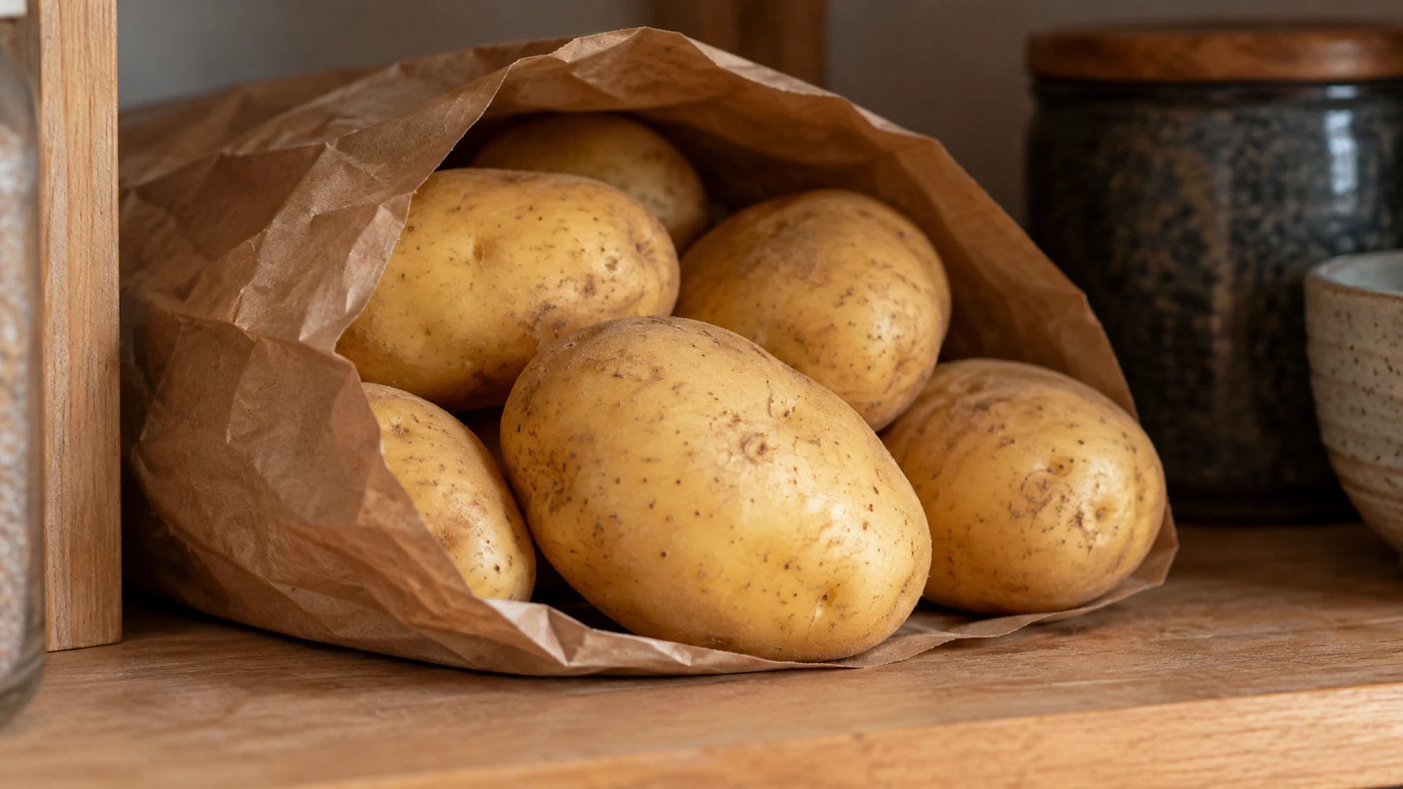 Whole unwashed Yukon Gold potatoes in an open paper bag on a pantry shelf
