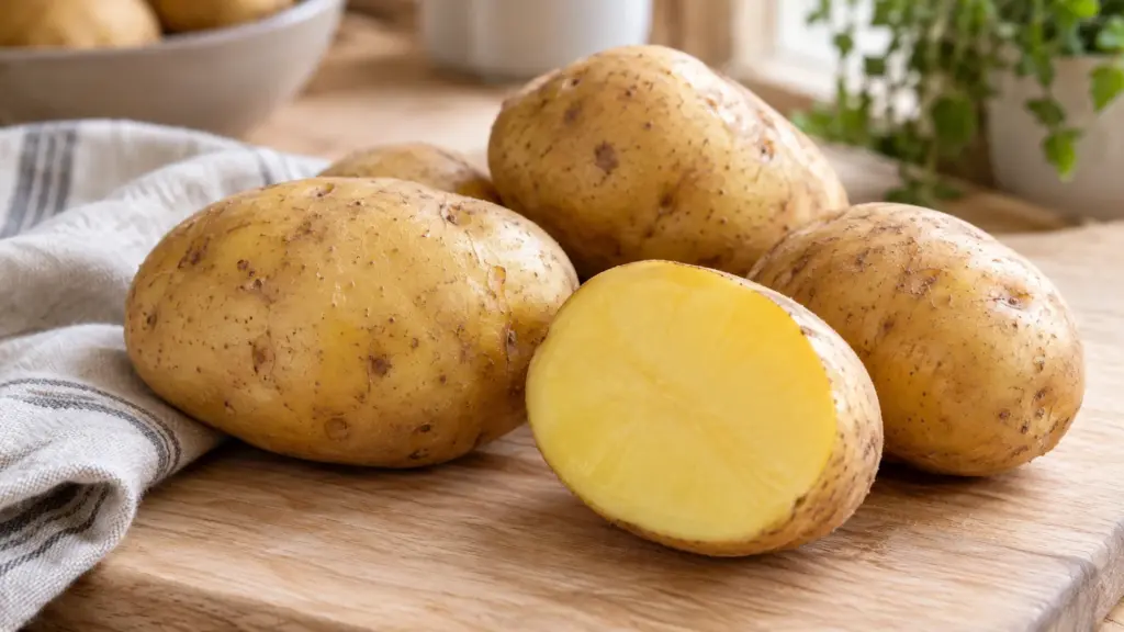 Whole Yukon Gold potatoes and a cut half showing yellow flesh on a wooden board